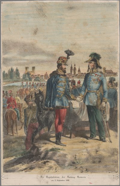 Generaal György Klapka geeft de vesting Komárom over aan veldmaarschalk Jacob Julius von Haynau op 2 oktober 1849 door Vinzenz Katzler