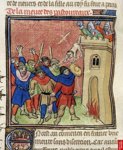 Detail van een miniatuur van de Derde Kruistocht van Pastoureaux. Joden die hun kinderen van een toren gooien, na 1380 door Virgil Master