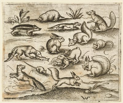 Groep kleine bosdieren die eten en rond een vijver rennen, inclusief een muis door Virgil Solis