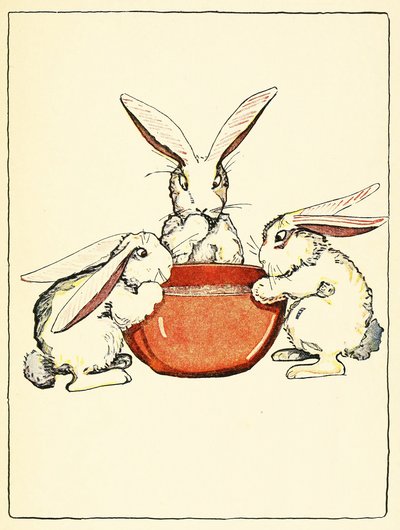 Flopsy, Mopsy en Cotton-Tail hadden brood en melk en bramen voor het avondeten, uit Het Verhaal van Peter Rabbit, pub. 1916 (kleur litho) door Virginia Albert