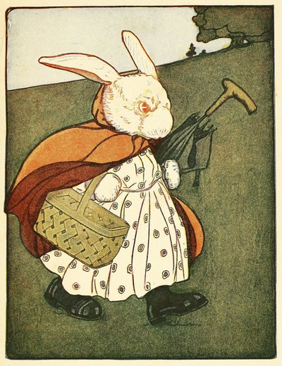Toen oude mevrouw Konijn ...ging door het bos naar de bakker, uit Het Verhaal van Peter Rabbit, pub. 1916 (kleur litho) door Virginia Albert