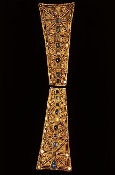 Hals van een processiekruis in goud, granaat en parels uit de Schat van Guarrazar, 7e eeuw door Visigothic