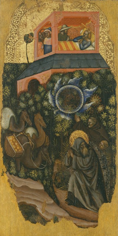 De Geschiedenis van Sint Antonius de Grote, Een bedelaar spoort de zieke koning van Palestina aan om voedsel naar St. Antonius te sturen (boven); aankomst van kamelen met voedsel (onder) door Vitale da Bologna