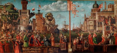 Cyclus van het leven van Sint Ursula, vierde episode: De ontmoeting van de verloofden en het vertrek op pelgrimstocht door Vittore Carpaccio