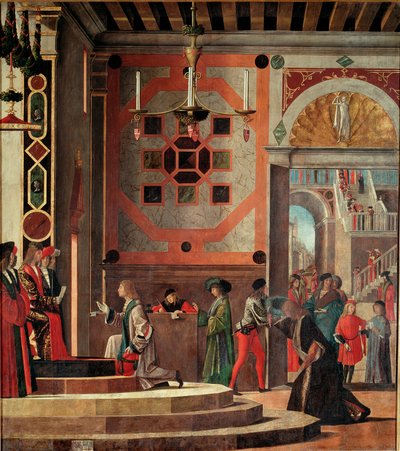 Cyclus van het leven van Sint-Ursula, tweede tafel: Afscheid van ambassadeurs door Vittore Carpaccio