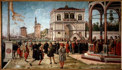 Cyclus van het leven van Sint-Ursula, derde episode: de terugkeer van de ambassadeurs naar de koning van Engeland (detail) door Vittore Carpaccio