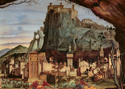 Sacre conversazione, detail van de stad en het kasteel op de achtergrond door Vittore Carpaccio
