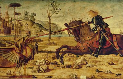 St. Joris doodt de draak (detail) door Vittore Carpaccio