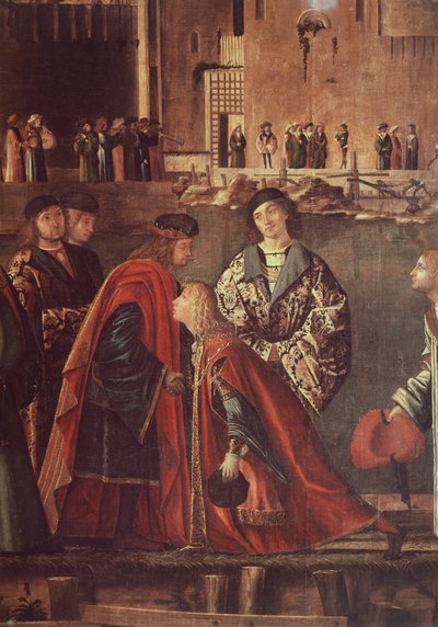Verhalen van St. Ursula, Ontmoeting van Etherius en Ursula en Vertrek van Pelgrims door Vittore Carpaccio