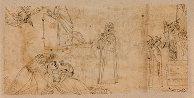 Studies voor een annunciatie; voor het martelaarschap van Sint Agatha; voor een rouwende Madonna (pen & inkt over krijt op papier) (verso van 5933930) door Vittore Carpaccio