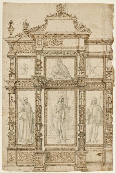 Studie voor een altaarstuk met zes afbeeldingen in een sierlijke lijststructuur. Boven: De stigmatisatie van St. Franciscus, Madonna en Kind, St. Hiëronymus in de wildernis; onder: St. Laurentius, Sebastiaan en Rochus door Vittore Carpaccio