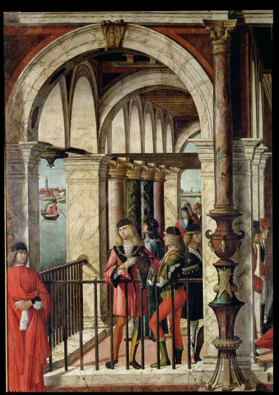 De Aankomst van de Engelse Ambassadeurs, uit de St. Ursula cyclus (detail) door Vittore Carpaccio