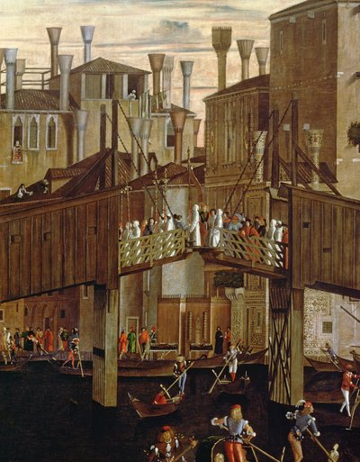 Het wonder van het relikwie van het Heilige Kruis, detail van de oude Rialtobrug door Vittore Carpaccio