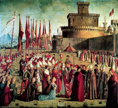 De Pelgrims worden ontmoet door Paus Cyriacus voor de Muren van Rome De Legende van Sint Ursula, 1497 door Vittore Carpaccio