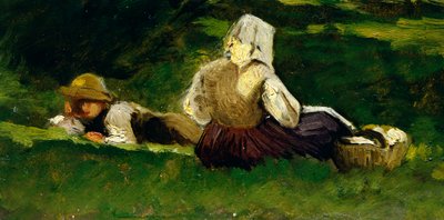 Zittende vrouw en jongen liggend op het gras, door Vittorio Avondo door Vittorio Avondo
