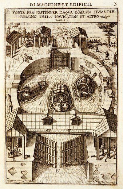 Hydraulische machine voor een kanaal of rivier sluis, 1607 door Vittorio Zonca