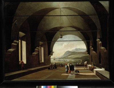 Gewelfde galerij met marien landschap op de achtergrond door Viviano Codazzi