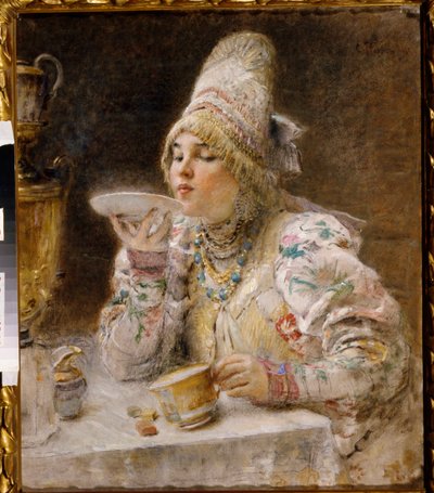 Theetijd door Vladimir Egorovic Makovsky
