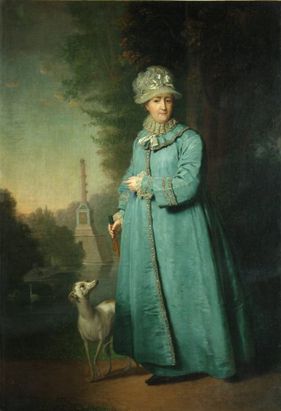 Catharina II wandelend in het park van Tsarskoye Selo met de Chesme-zuil op de achtergrond door Vladimir Lukich Borovikovsky