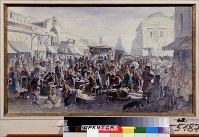 De vlooienmarkt in Moskou (Rusland). Straatscène met mensen in vuile en versleten kleding, sommigen eten aan tafels voor een kraam, anderen bekijken de aangeboden goederen. door Vladimir Yegorovich Makovski