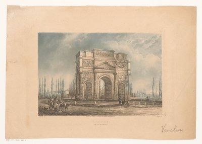 Landschap met de triomfboog van Orange met reizigers door Vogel (prentmaker)