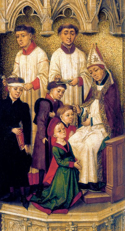 Drieluik van de Verlossing, detail van de bogen en het portiek dat het centrale paneel overspant, beschrijvend het sacrament van bevestiging door Vrancke van der Stockt