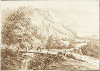 Berglandschap met reizigers op ezels, die een houten brug oversteken door W.C.E. Roelofs