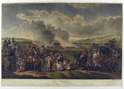 Zijne Majesteit beoordeelt troepen op Blackheath, 1787, geëtst door R. Pollard, gedrukt 1797 door W.H. Mason
