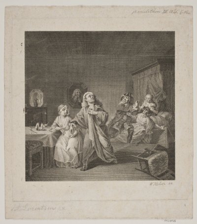 Barselsstuen III. akt 6. scène. Gravure naar Lorenzens Holberg Galleri door WIlhelm Heuer