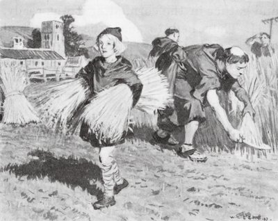 Bede in het oogstveld (litho) door W.R.S. (after) Stott