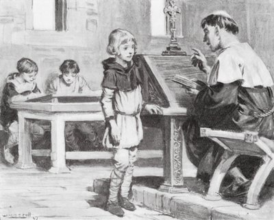 Jonge Cuthbert op school (litho) door W.R.S. (after) Stott