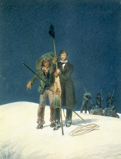 Charles Fellows met William Hawes, plant een stok op de top, opgenomen als een invoeging in A Narrative of an Ascent to the Summit of Mont Blanc door Charles Fellows (1799-1860), gepubliceerd 1827 door W.S. Hastings