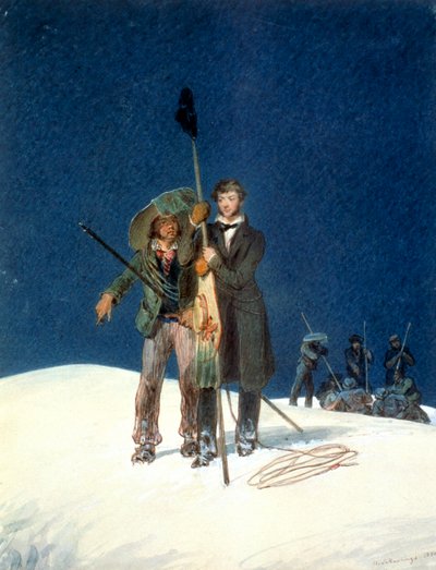 Charles Fellows met William Hawes, planten een stok op de top van de Mont Blanc, 1827 door WS Hastings