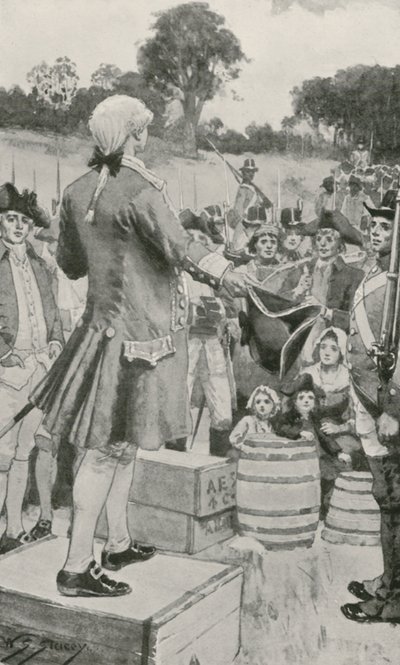 Gouverneur Phillip spreekt de eerste Australische kolonisten toe bij de landing in Sydney Cove door W.S. Stacey