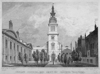Westelijke aanblik van Christ Church, Newgate Street, met een deel van Christ
