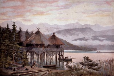 Prehistorie: dorp gebouwd op palen aan de oevers van het Meer van Zürich in het stenen tijdperk. Meer dorp, Prehistorisch meer stad. Naar een schilderij van W. Kranz 20e eeuw door W. (after) Kranz