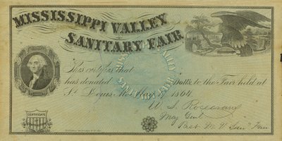 Leeg geïllustreerd certificaat van bijdrage voor donaties gedaan op de Mississippi Valley Sanitary Fair, 7 mei 1864 door W. A. Rosecrans