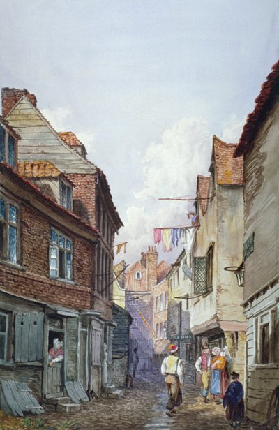 Uitzicht op figuren in Glean Alley, Bermondsey, Londen, ca. 1825 door W Barker