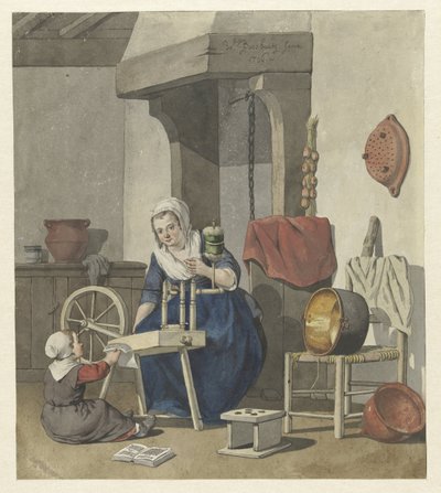 Interieur met een spinnende vrouw met een kind door W. Barthautz
