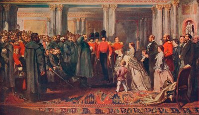 Koningin Victoria reikt medailles uit aan de Garde na de Krimoorlog, 1856 1906 door W Bunney