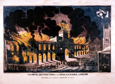 De verschrikkelijke vernietiging van de Royal Exchange, tweede brand, Londen door W Clerk