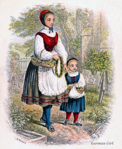 Twee Duitse meisjes met manden bloemen, 1809 door W. Dickes