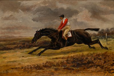 Een galopperend paard met jockey, in Bradford racekleuren door W. F. Adye