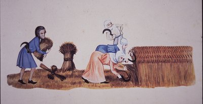 Middeleeuwse vrouwen oogsten graan, naar een scène uit de Luttrell Psalter door John Ward Dunsmore