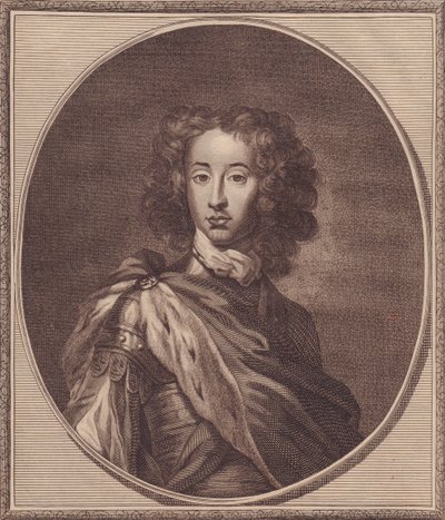 Portret van Willem van Denemarken en Noorwegen, hertog van Gloucester (1689-1700), kopergravure door John Goldar naar schilderij van G Kneller door John Ward Dunsmore