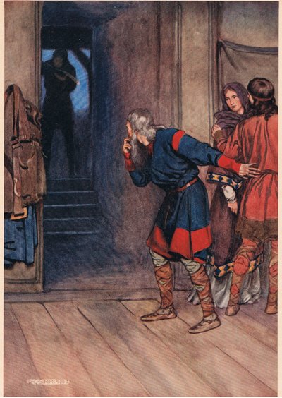 Polonius test de geestelijke gezondheid van Hamlet terwijl de Koning en Koningin toekijken, uit 