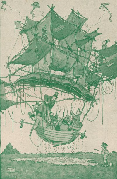 Een vroeg type watervliegtuig maakt een proefvlucht vanaf Hampstead Ponds, ca. 1918 door William Heath Robinson