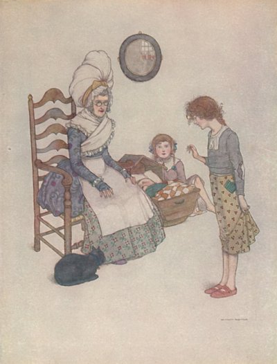 Ze ging op een dag zitten en maakte van wat rode lappen een paar kleine schoenen door William Heath Robinson