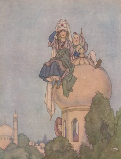 Ze zat de hele dag op het dak van haar paleis, wachtend op hem, ca. 1930 door William Heath Robinson