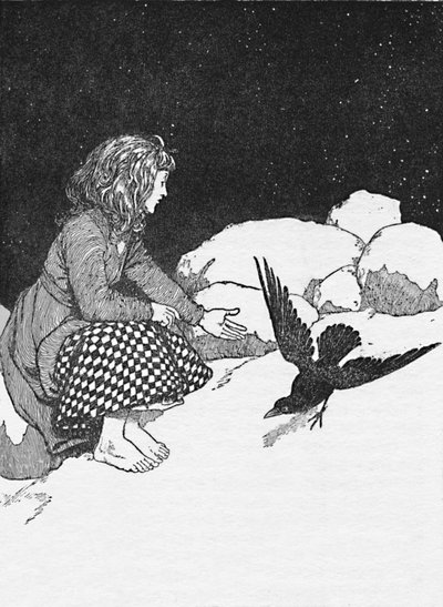 Plotseling sprong een grote raaf voor haar op de sneeuw door William Heath Robinson